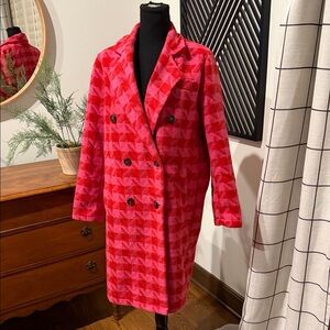 DAVI & DANI Red & Pink Houndstooth Double-Breasted Pea Coat medium